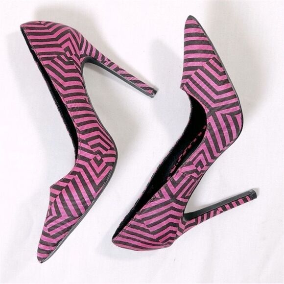 NWOT Paper Fox Womens Heel Pumps Pointed-Toe Stiletto Hot Pink Brown Stripes - Picture 4 of 6